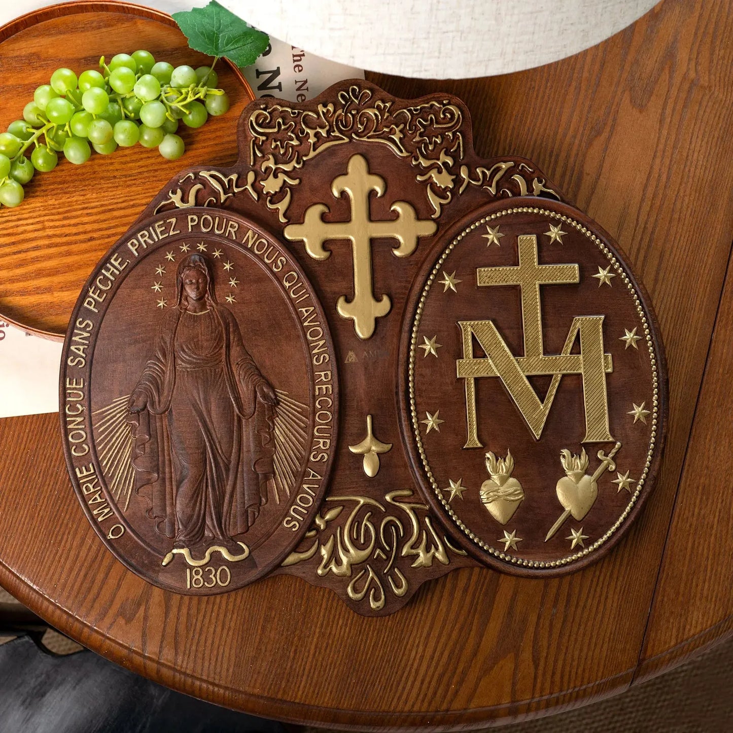 Miracle Medal Wood Carving Amen Artisan