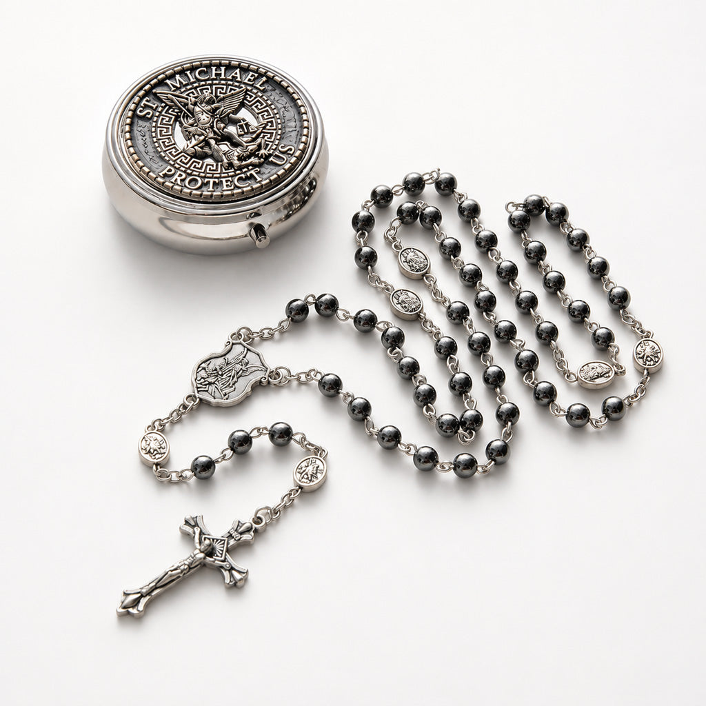 【Deal Today】St. Michael Rosary with Blue Enamel Storage Box - Faith & Strength | Amen Artisan