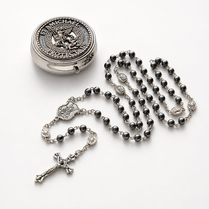 【Deal Today】St. Michael Rosary with Blue Enamel Storage Box - Faith & Strength | Amen Artisan