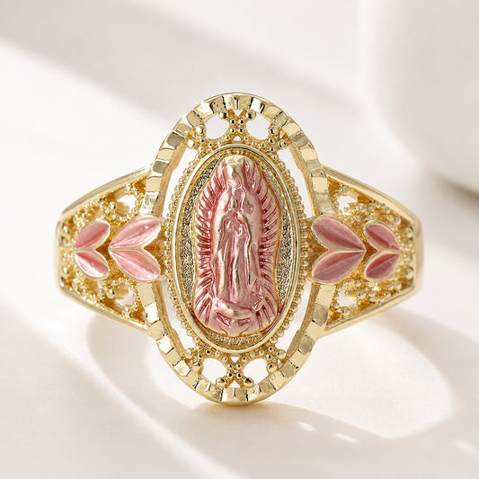 Our Lady Gold-Tone Ring with Pink Raised Detail