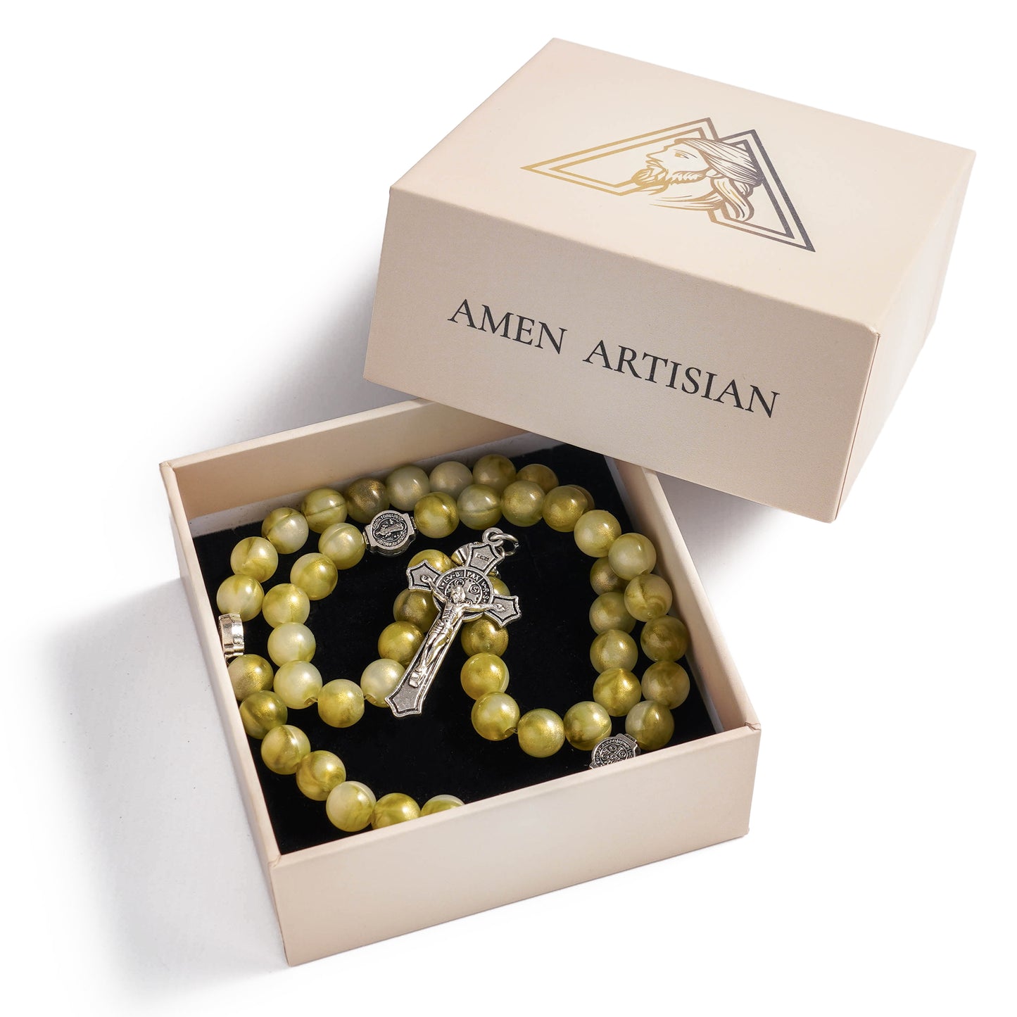 Olive Green Bead Stretch Rosary Bracelet with Cross Charm - Renewal, Comfort & Blessing |  Amen Artisan