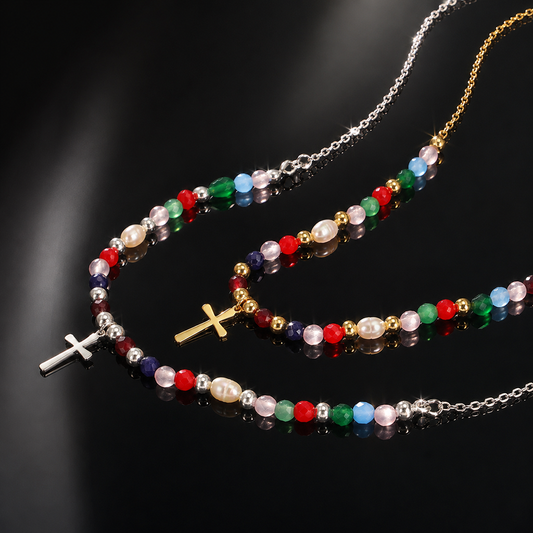 Colorful Beaded Cross Necklace with Natural Stone Details