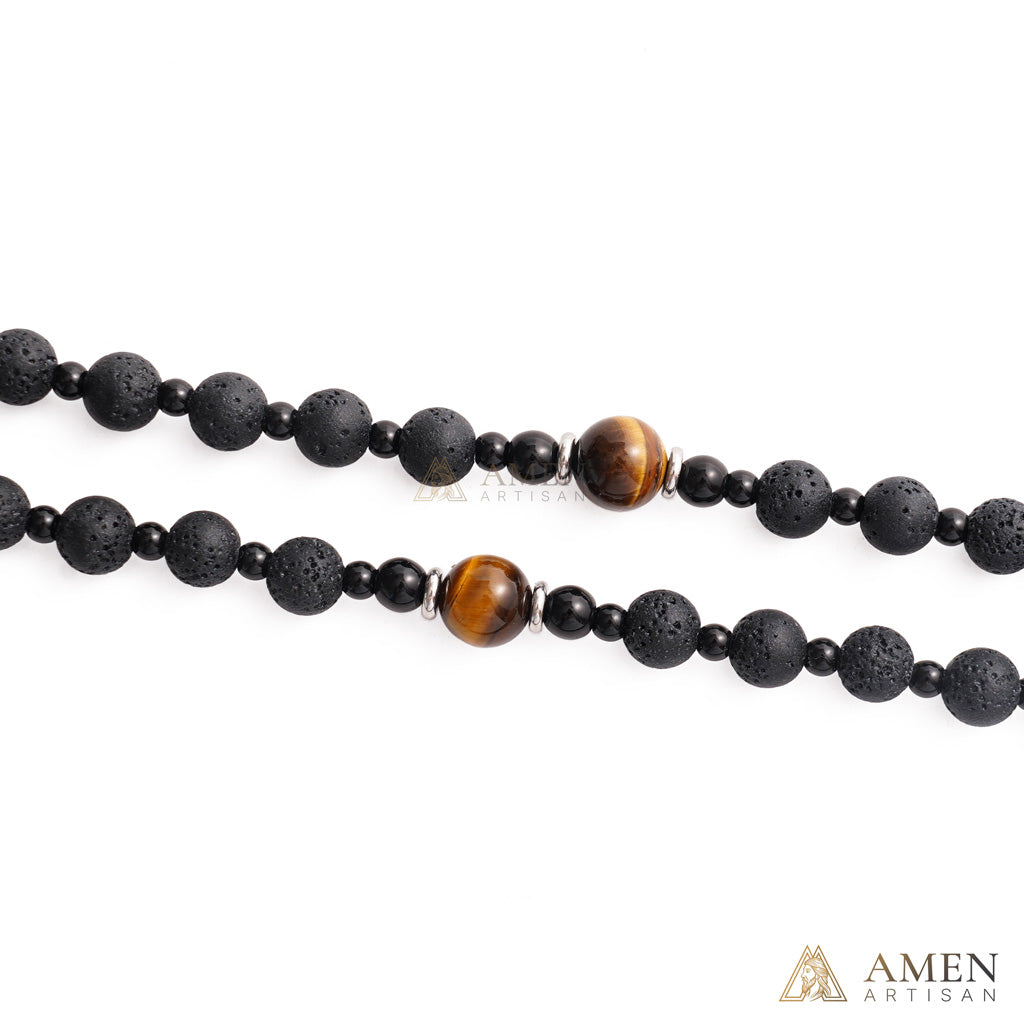 【Deal Today】Natural Lava Stone & Tiger’s Eye Prayer Beads with Vintage-Style Crucifix |  Amen Artisan