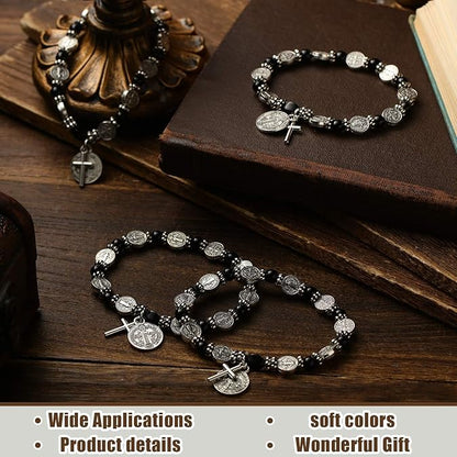 Hematite Beads Saint Benedict Medal Cross Elastic Cord Bracelet Amen Artisan