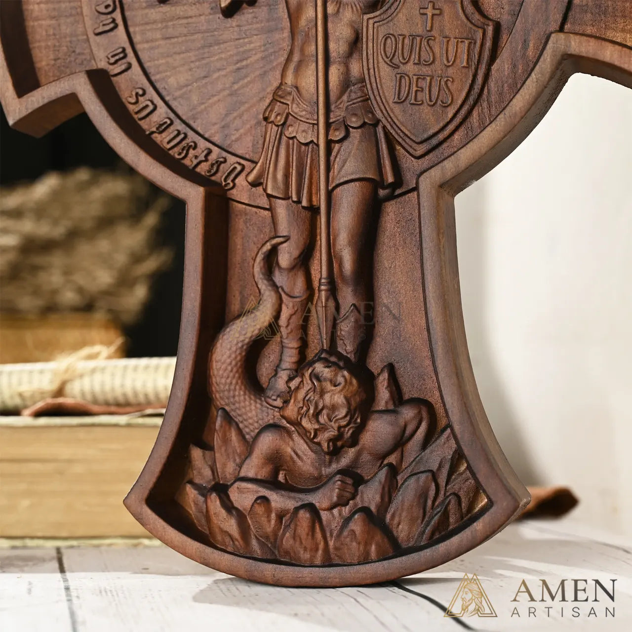 St Michael Wood Carving Amen Artisan