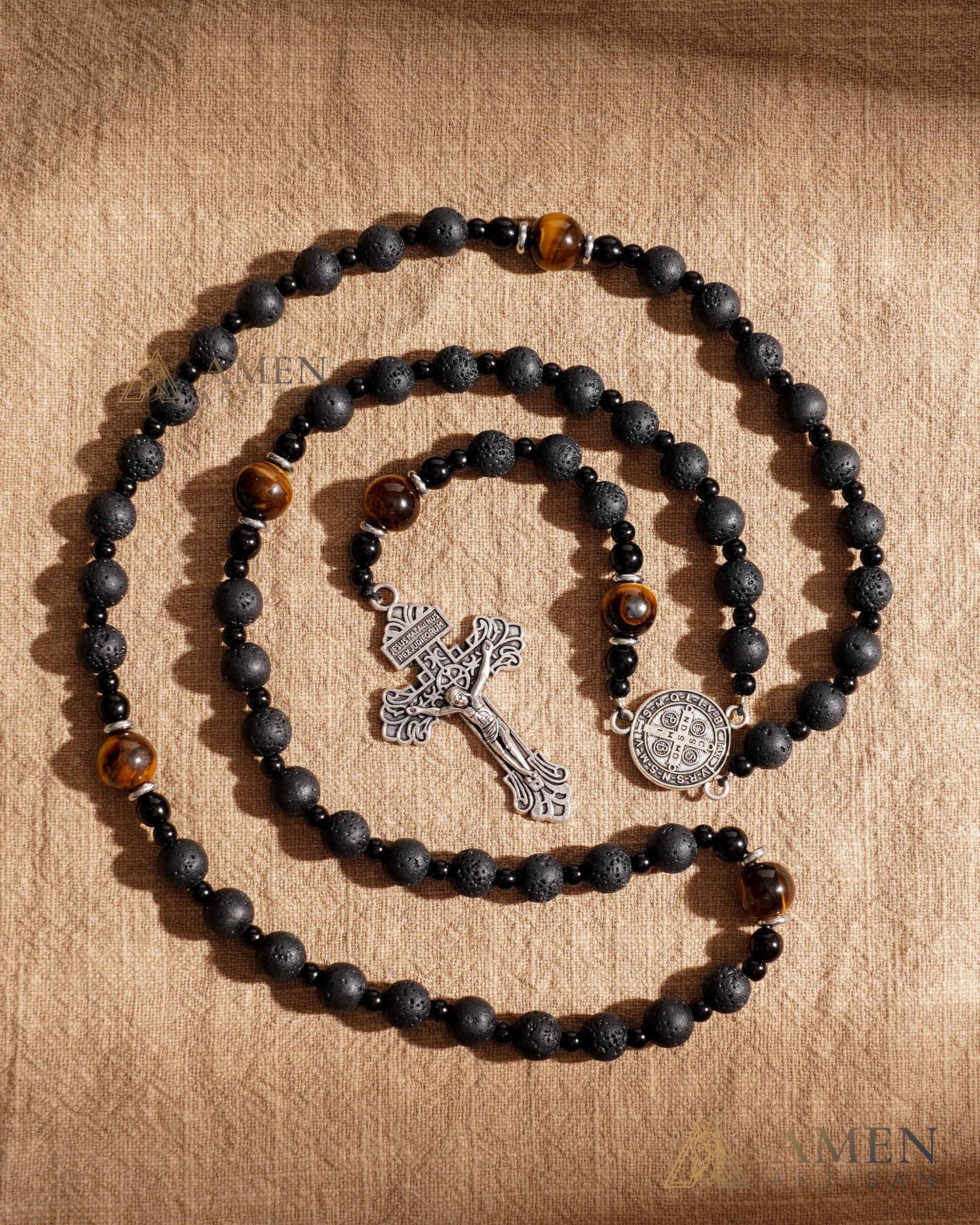 【Deal Today】Natural Lava Stone & Tiger’s Eye Prayer Beads with Vintage-Style Crucifix |  Amen Artisan