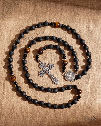 【Deal Today】Natural Lava Stone & Tiger’s Eye Prayer Beads with Vintage-Style Crucifix |  Amen Artisan