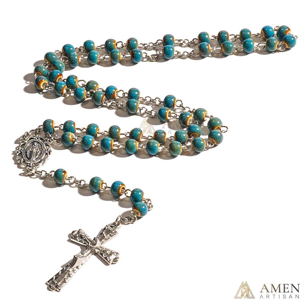 Turquoise Speckled Ceramic Beads Rosary Amen Artisan