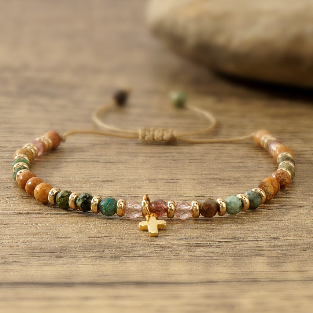 【Deal Today】Boho Natural Stone Cross Bracelet with Adjustable Cord — Faith | Amen Artisan