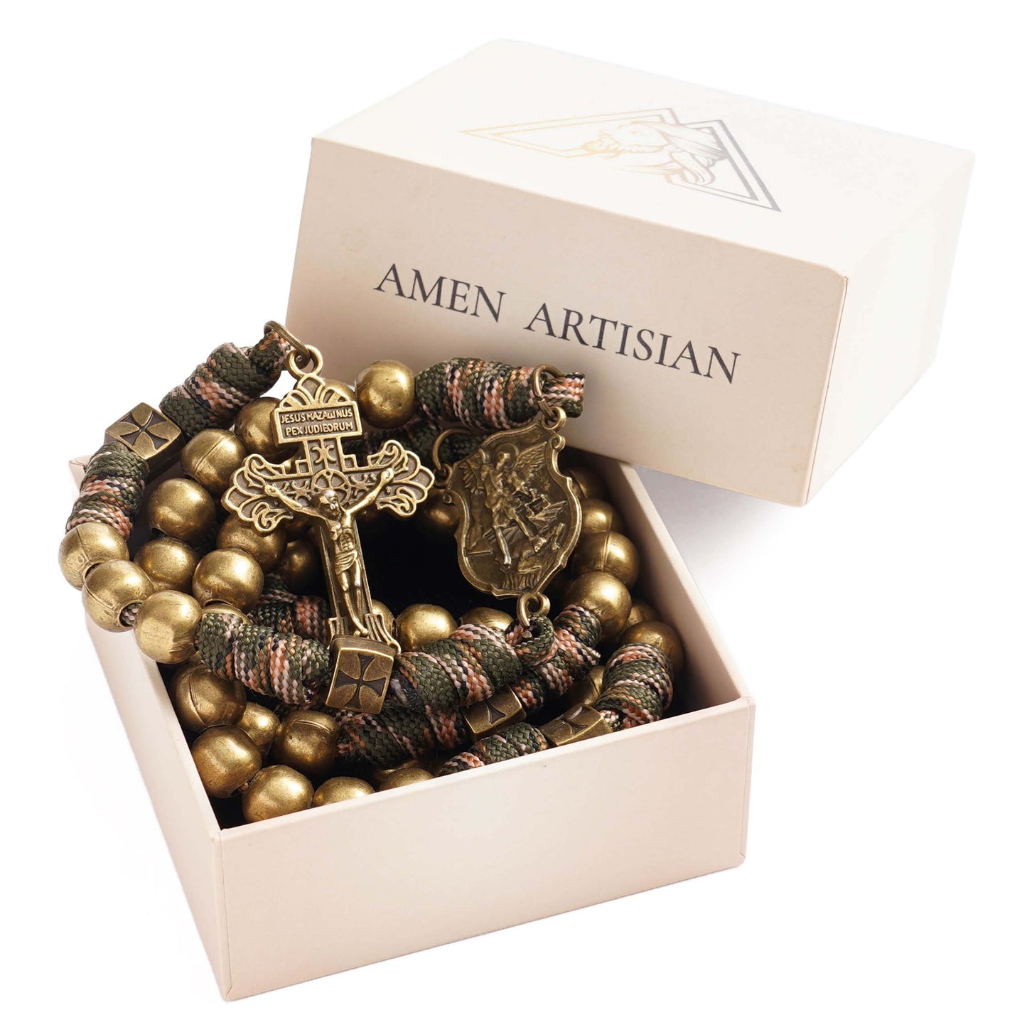 St. Michael Heavyweight Bronze Rosary: 48cm Hand-Braided Tactical Armor | Amen Artisan