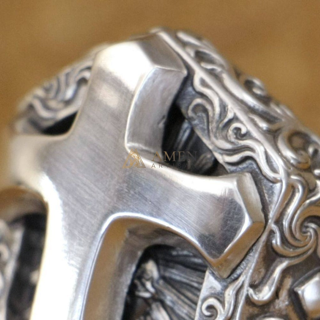 925 Sterling Silver Shield Cross Ring Amen Artisan