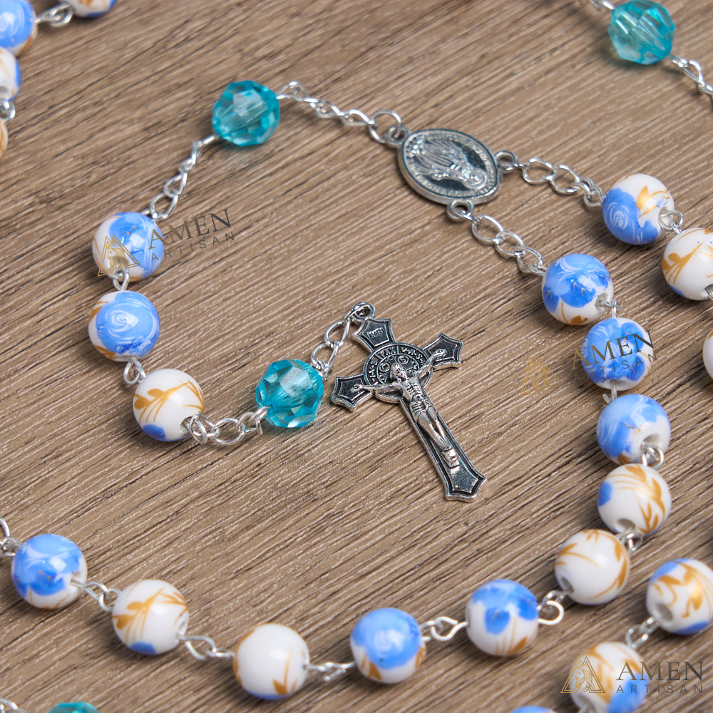 Blue Floral Ceramic Rosary