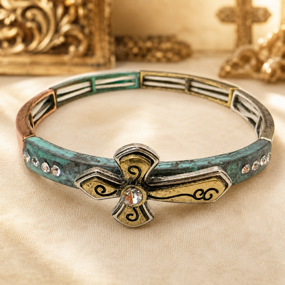 Vintage Cross Stretch Bracelet with Rhinestone Accents