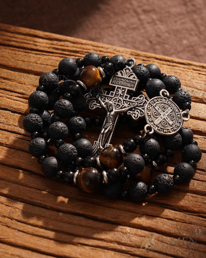 【Deal Today】Natural Lava Stone & Tiger’s Eye Prayer Beads with Vintage-Style Crucifix |  Amen Artisan