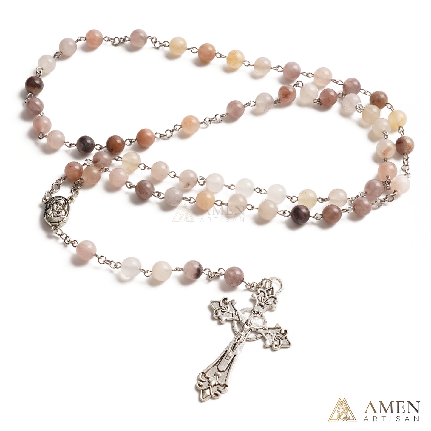 Purple Golden Silk Jade Madonna and Child Medal Rosary Amen Artisan