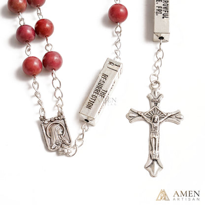 Matte Blue Chalcedony Bead Rosary with 5 Mysteries Amen Artisan