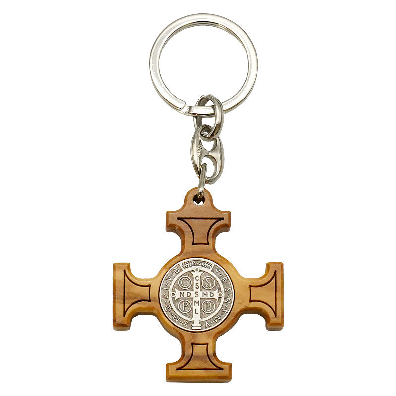 Olive Wood Saint Benedict Medal Keychain Amen Artisan