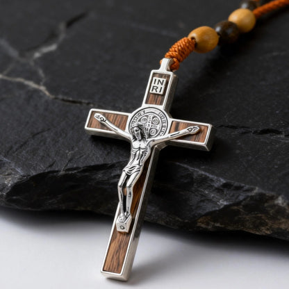 【Deal Today】Woven Cord Wooden Rosary with St. Benedict Medal Cross - Sacred Blessing | Amen Artisan
