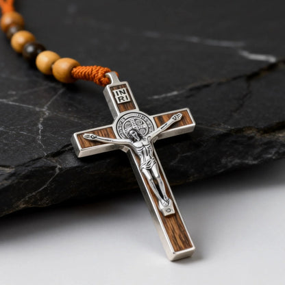 【Deal Today】Woven Cord Wooden Rosary with St. Benedict Medal Cross - Sacred Blessing | Amen Artisan
