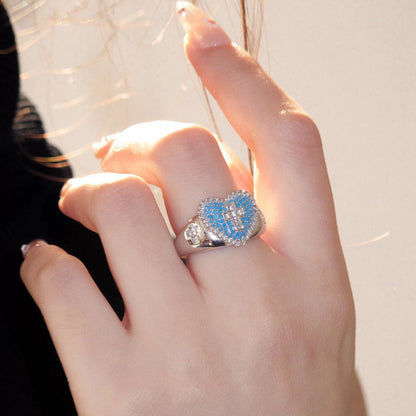Blue Heart Cross Open Ring with Rhinestone Accents
