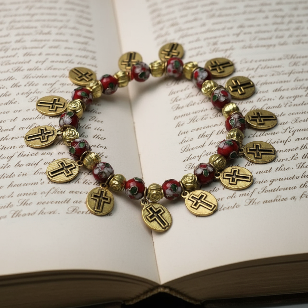 【Deal Today】Cloisonné Beads Saint Medal Stretch Bracelet Amen Artisan