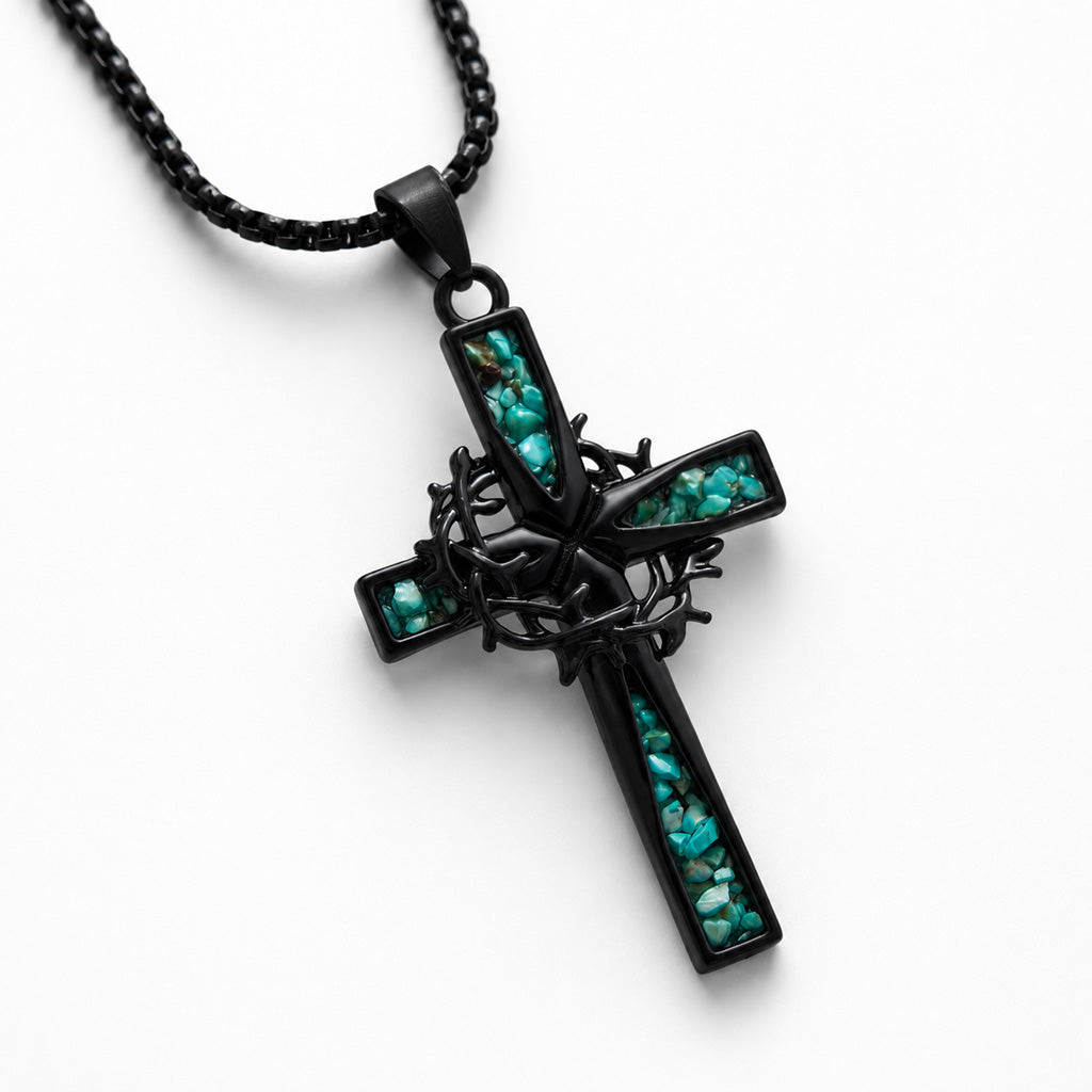 Crown of Thorns Cross Necklace with Natural Turquoise Inlay | Amen Artisan