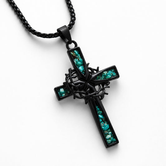 Crown of Thorns Cross Necklace with Natural Turquoise Inlay | Amen Artisan
