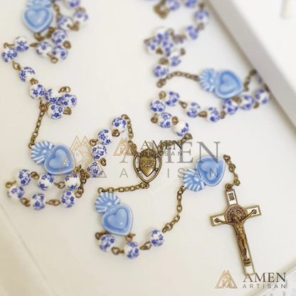 Delft Blue Beads Sacred Heart Rosary - Blue and White Cherry Blossom Beads Vintage Bronze Style Ceramic Rosary -Amen Artisan