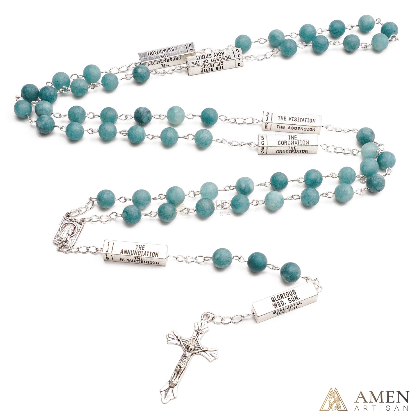 Matte Blue Chalcedony Bead Rosary with 5 Mysteries Amen Artisan