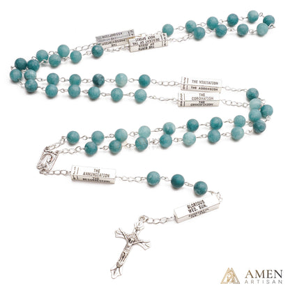 Matte Blue Chalcedony Bead Rosary with 5 Mysteries Amen Artisan