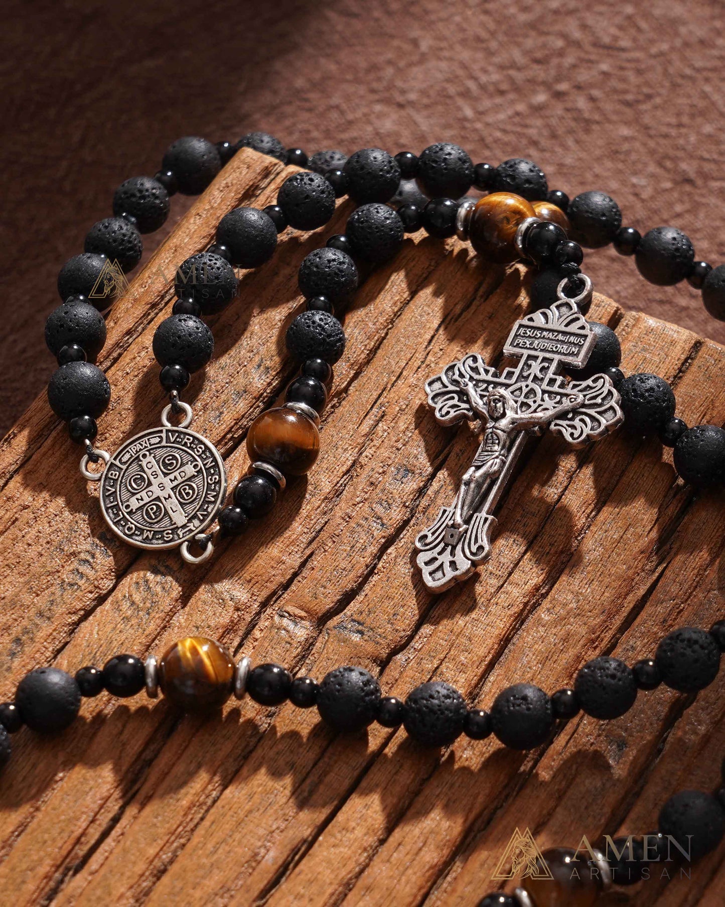 【Deal Today】Natural Lava Stone & Tiger’s Eye Prayer Beads with Vintage-Style Crucifix |  Amen Artisan