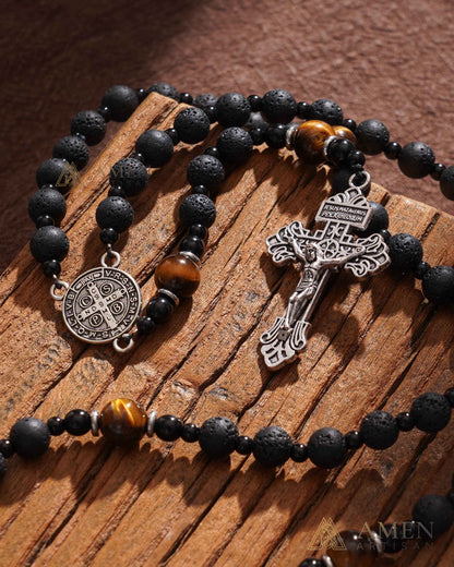 【Deal Today】Natural Lava Stone & Tiger’s Eye Prayer Beads with Vintage-Style Crucifix |  Amen Artisan