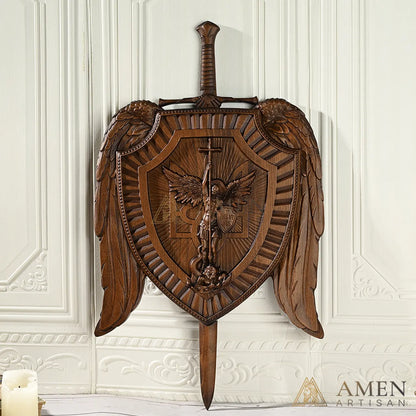 St Michael Wood Carving Amen Artisan