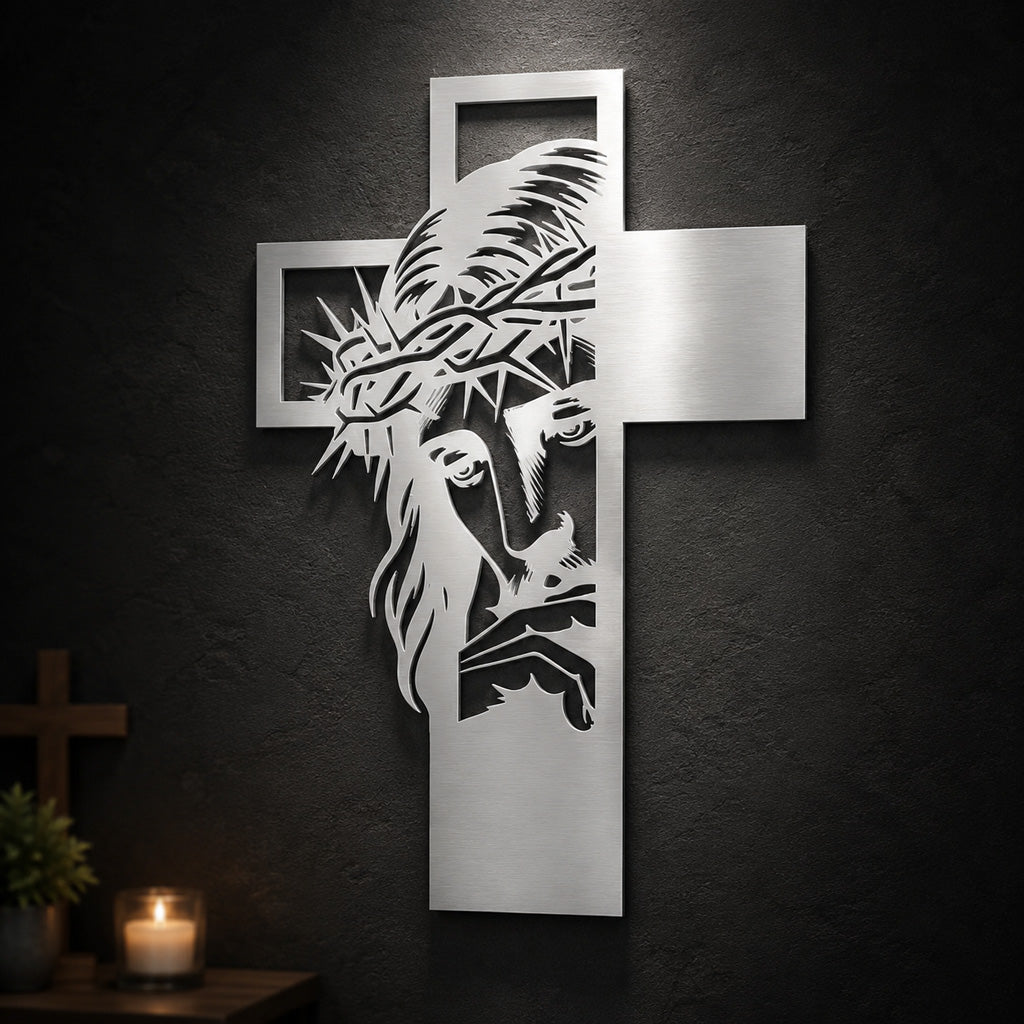 Jesus Portrait Metal Cross Wall Art with Crown of Thorns