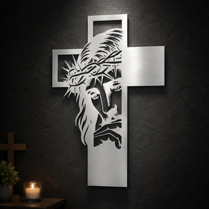 Jesus Portrait Metal Cross Wall Art with Crown of Thorns