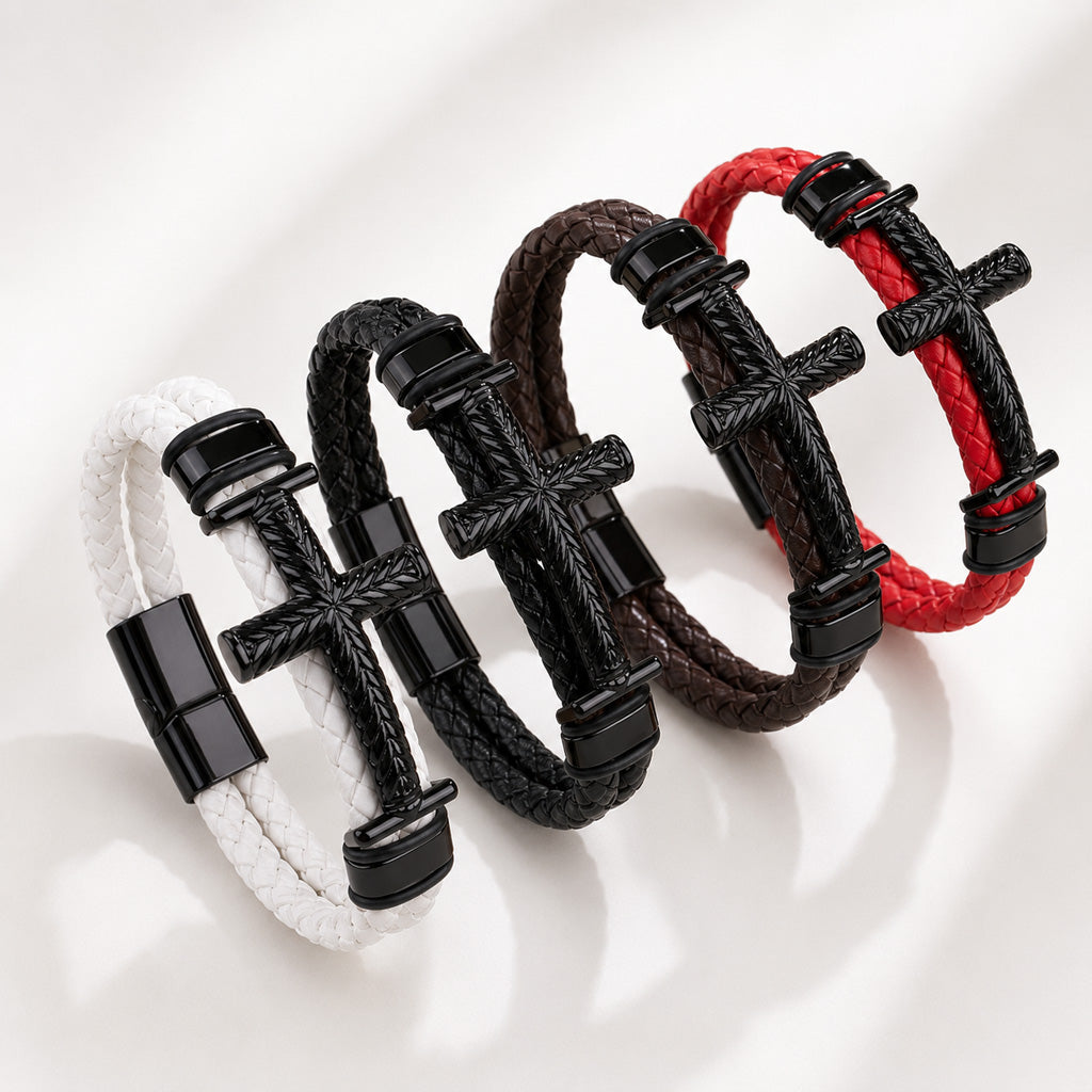 Leather Cross Bracelet with Magnetic Clasp