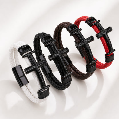 Leather Cross Bracelet with Magnetic Clasp
