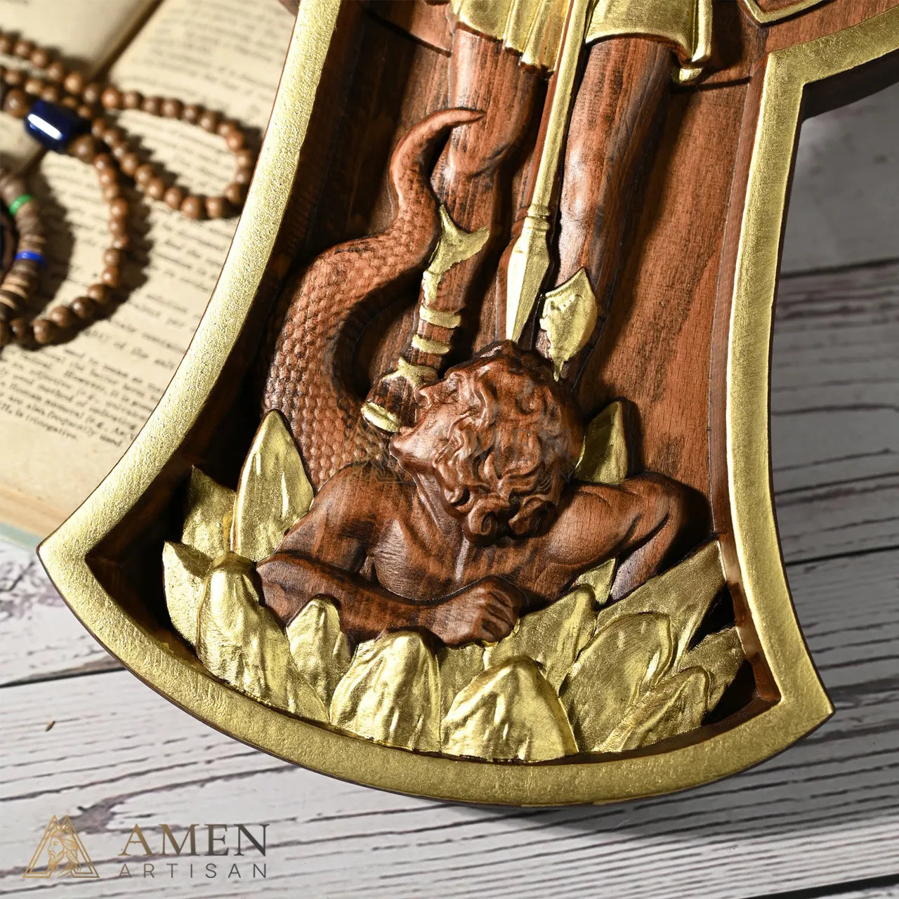St Michael Wood Carving Amen Artisan
