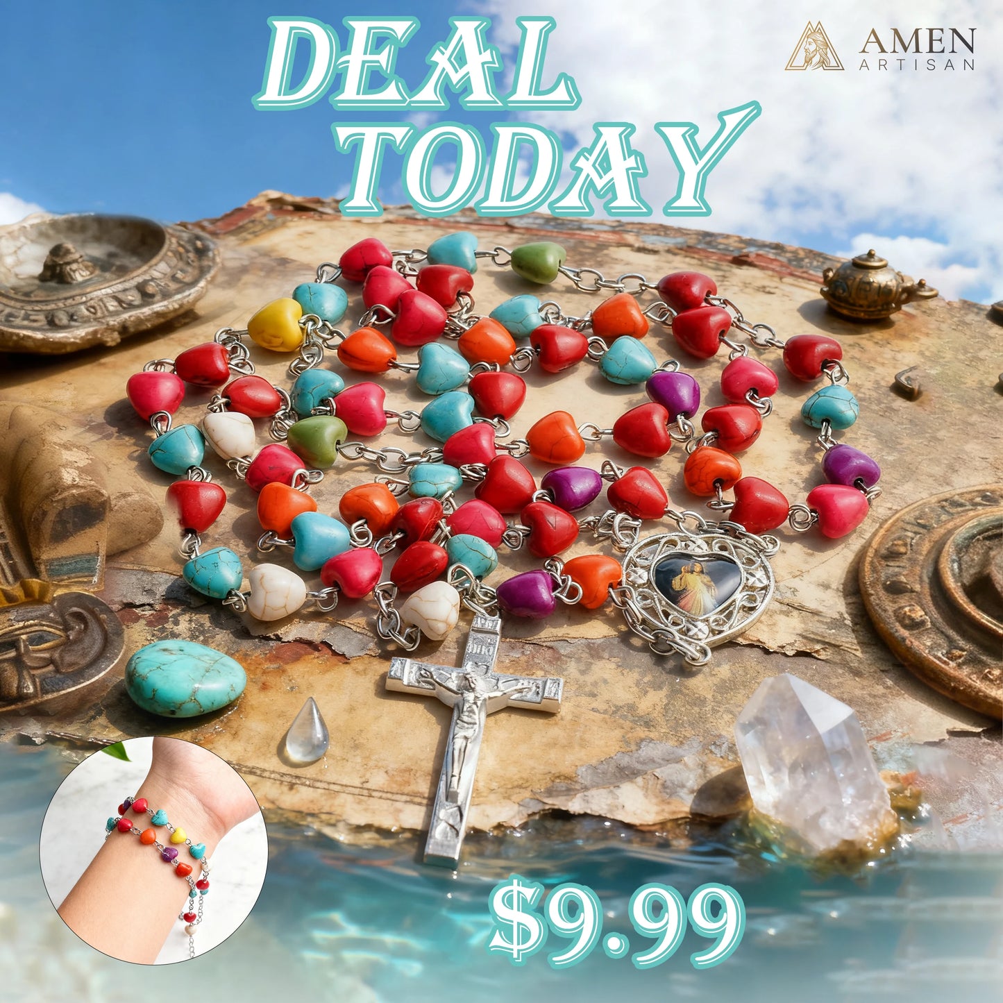 Multicolor Turquoise Heart Rosary