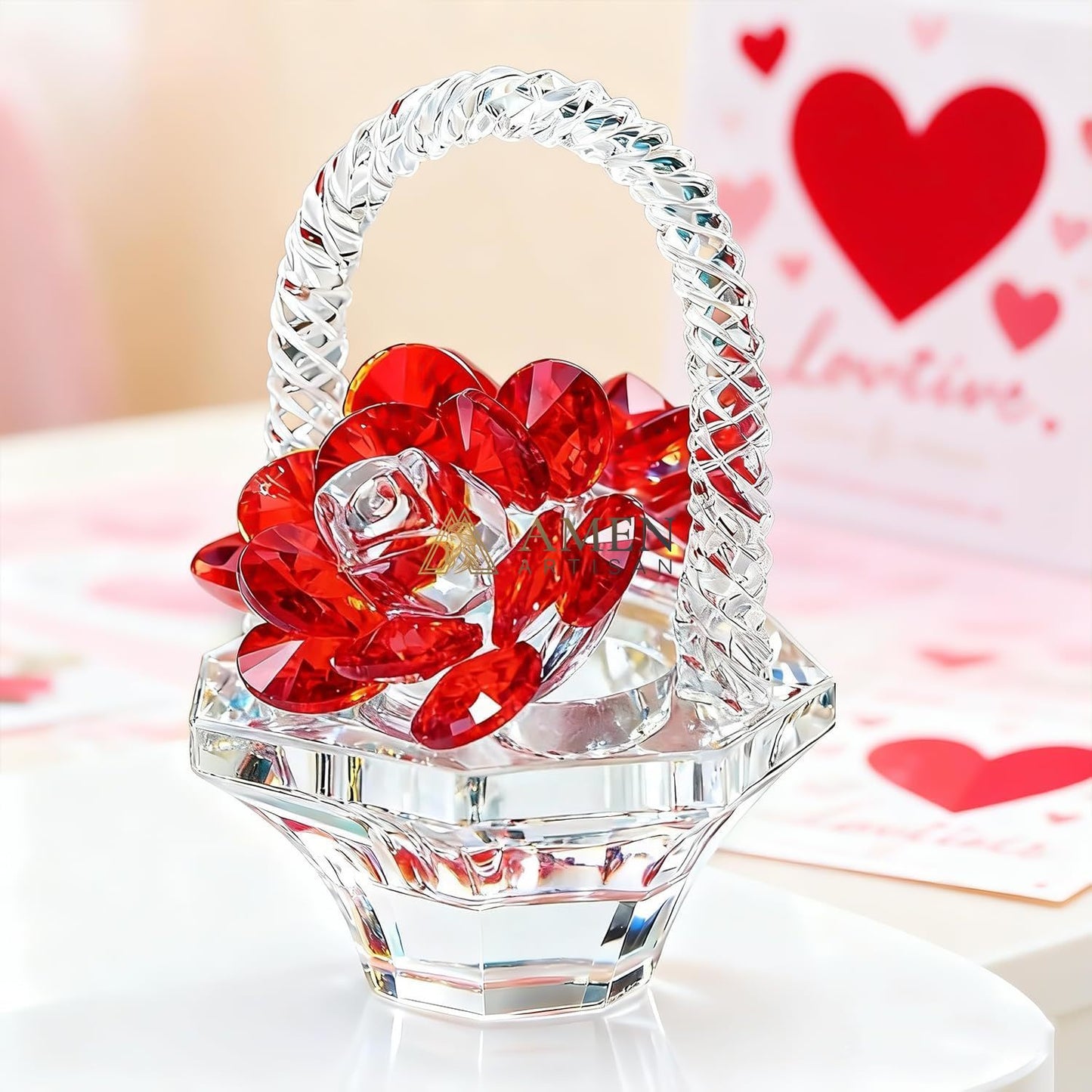 Crystal Red Rose Flower Basket Figurine Amen Artisan