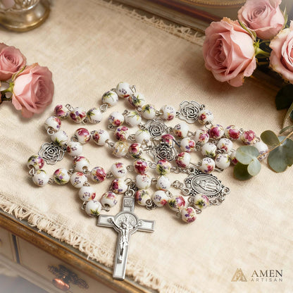 Rose Ceramic Rosary Amen Artisan