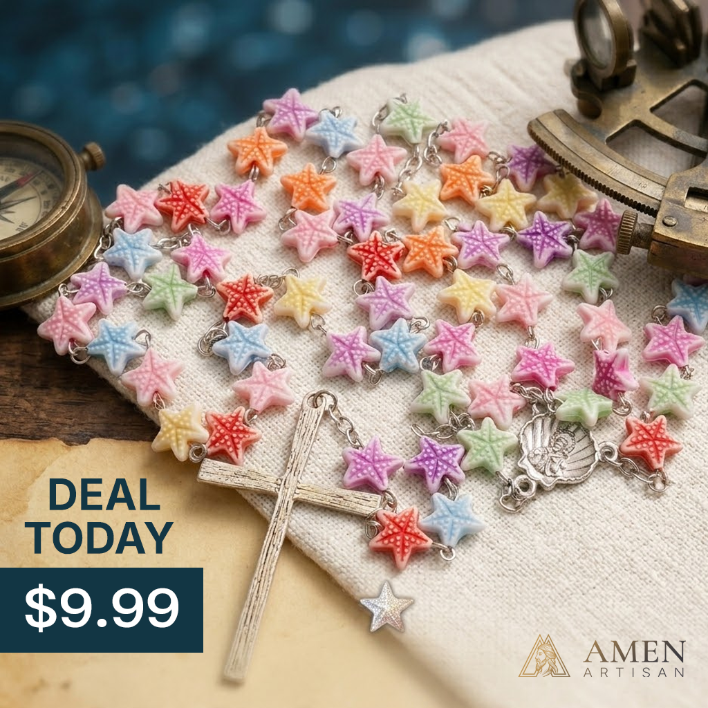 "Stella Maris" Starfish Rosary – Colorful Pastel Beads with Scallop Shell Medal & Textured Crucifix – Catholic Gift for Baptism, Confirmation & Ocean Lovers