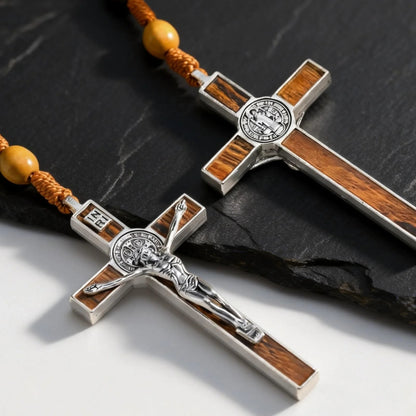 【Deal Today】Woven Cord Wooden Rosary with St. Benedict Medal Cross - Sacred Blessing | Amen Artisan