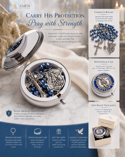St. Michael Rosary with Blue Enamel Storage Box - Faith & Strength| Amen Artisan