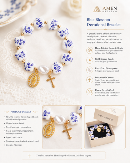 【Deal Today】Blue Floral Ceramic Flower Bracelet with Virgin Mary Pendant - Faith & Peace | Amen Artisan