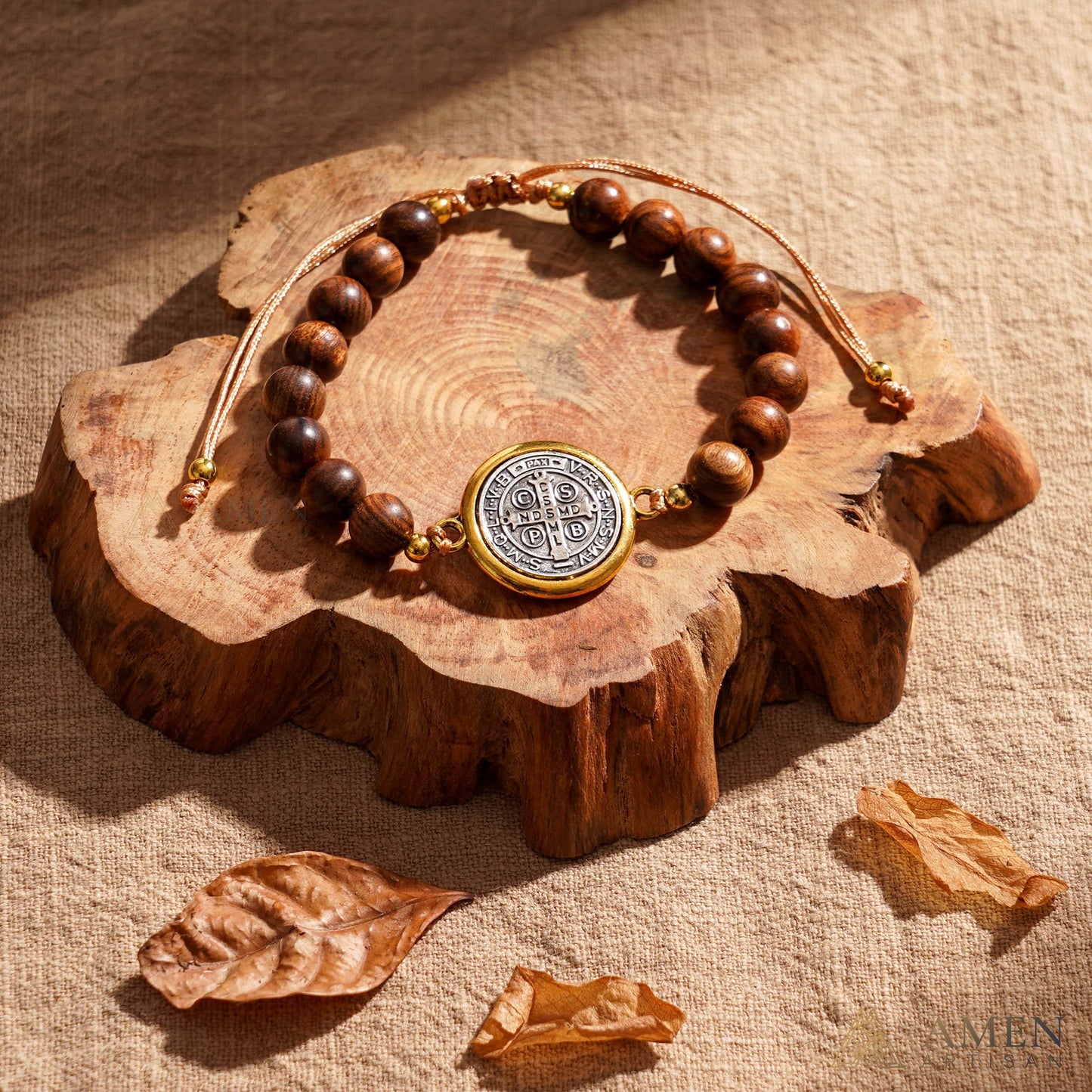 Wooden Beads Saint Benedict Medal Adjustable Bracelet Amen Artisan