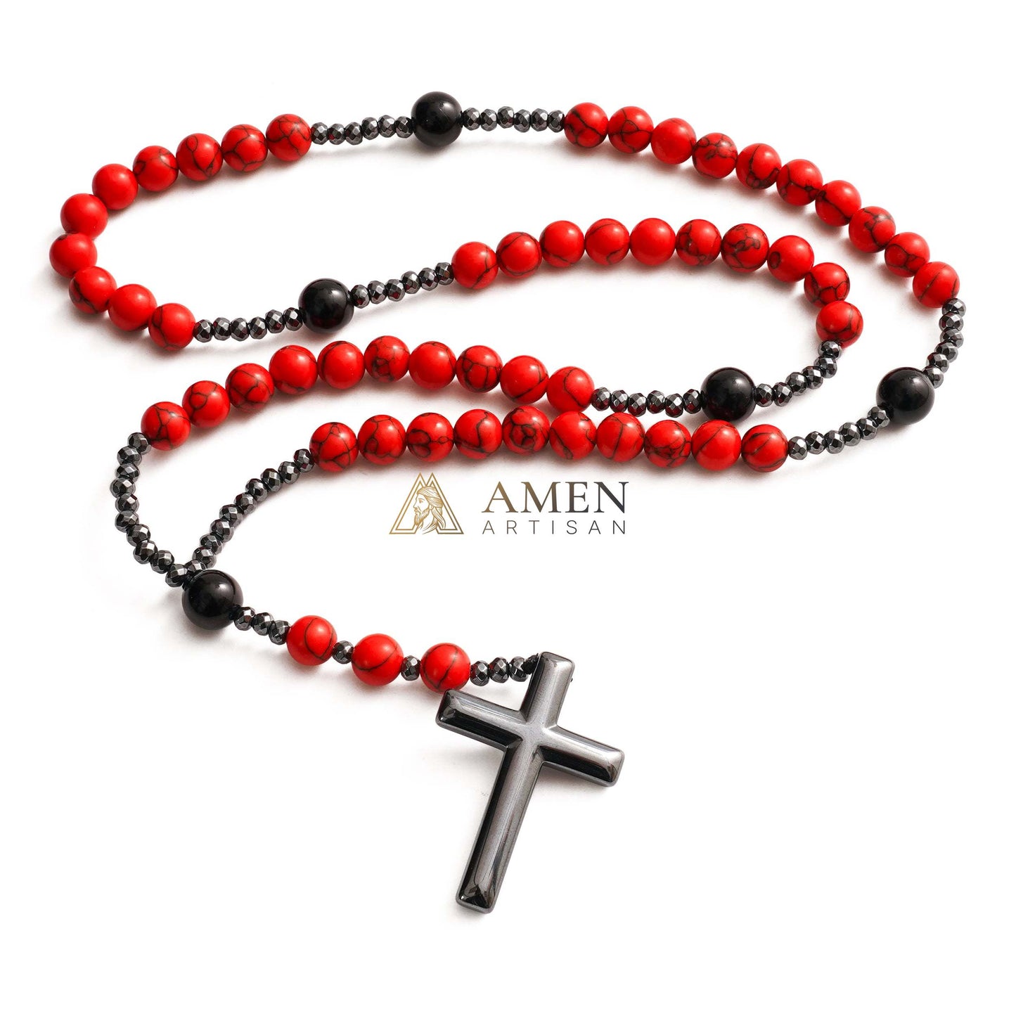 Red Turquoise Cross Rosary Amen Artisan