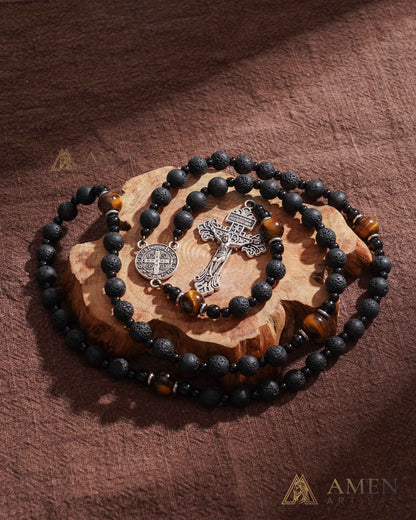 【Deal Today】Natural Lava Stone & Tiger’s Eye Prayer Beads with Vintage-Style Crucifix |  Amen Artisan