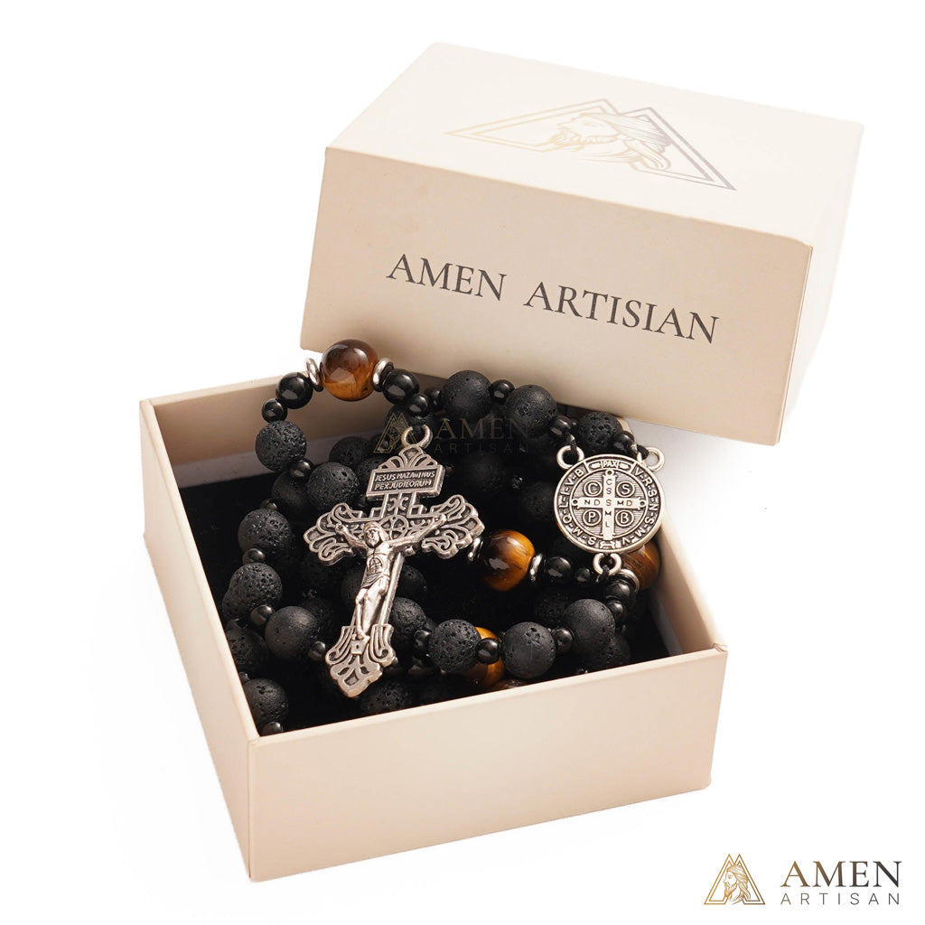 【Deal Today】Natural Lava Stone & Tiger’s Eye Prayer Beads with Vintage-Style Crucifix |  Amen Artisan