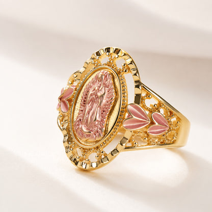 Our Lady Gold-Tone Ring with Pink Raised Detail